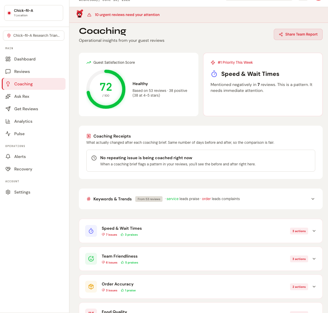 Replio Coaching tab on a live Operator account: guest satisfaction score, number one priority this week, coaching receipts