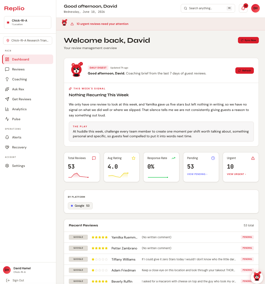 Replio operator dashboard: daily digest and live review metrics